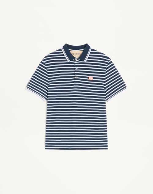 Valentino - Valentino Cotton Piqué Polo With Vlogo Patch - White/blue - Man - T-shirts And Sweatshirts
